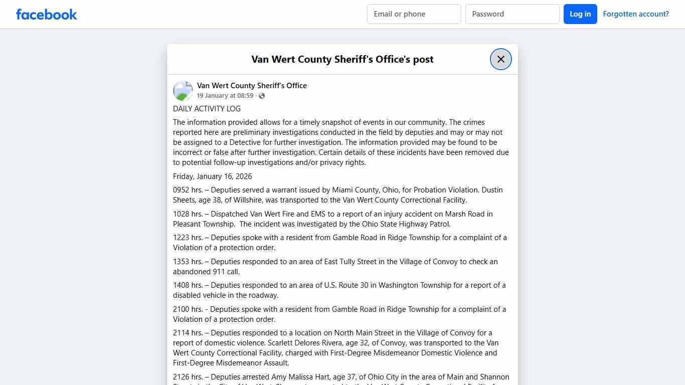 DAILY ACTIVITY LOG The... - Van Wert County Sheriff's Office Facebook